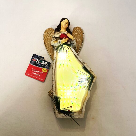Lighted Angel Figurine White Birch Wood Glitter 9" x 4"  Table Top Decoration - Picture 1 of 8